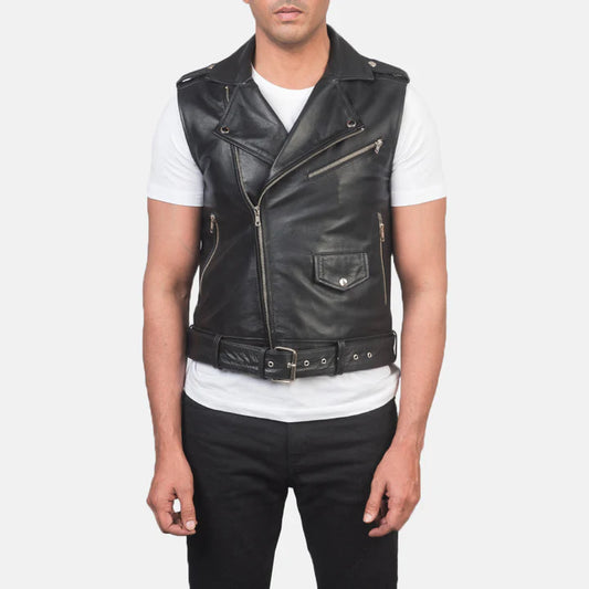 Titan Black Leather Biker Vest with Waist Belt & Zipper Closure
