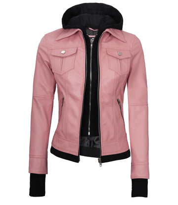 Tralee Pink Hooded Leather Bomber Jacket with Thumbhole Design