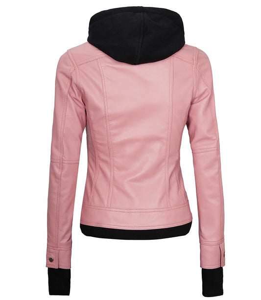 Tralee Pink Hooded Leather Bomber Jacket with Thumbhole Design