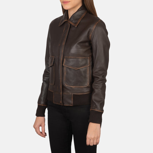 Urban-Chic Brown Leather Bomber Jacket with Rub-Off Finish