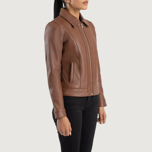 Vixen Brown Sheepskin Leather Jacket with Classic Collar & Aniline Finish