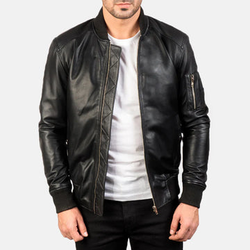 Vortex Ma-1 Black Leather Bomber Jacket with Rib Knit Collar