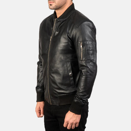 Vortex Ma-1 Black Leather Bomber Jacket with Rib Knit Collar