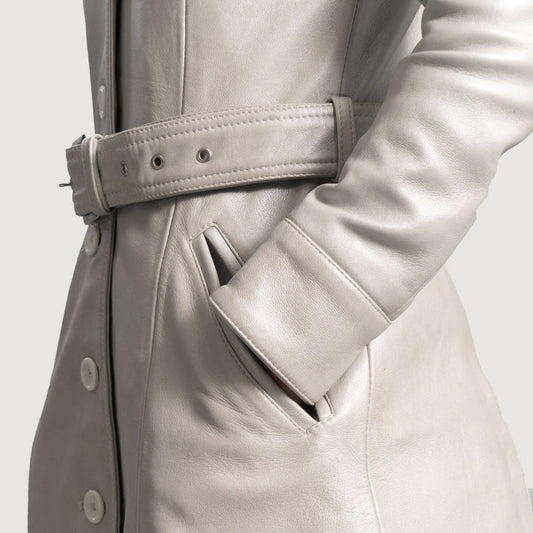 White Sheepskin Leather Trench Coat with Quilted Lining & Notch Collar