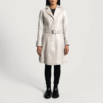 White Sheepskin Leather Trench Coat with Quilted Lining & Notch Collar