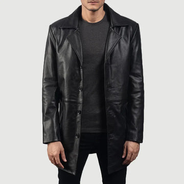 Xavier Black, Notch-Collar Leather Coat with Quilted Viscose Lining