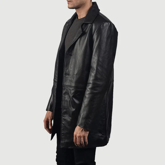 Xavier Black, Notch-Collar Leather Coat with Quilted Viscose Lining
