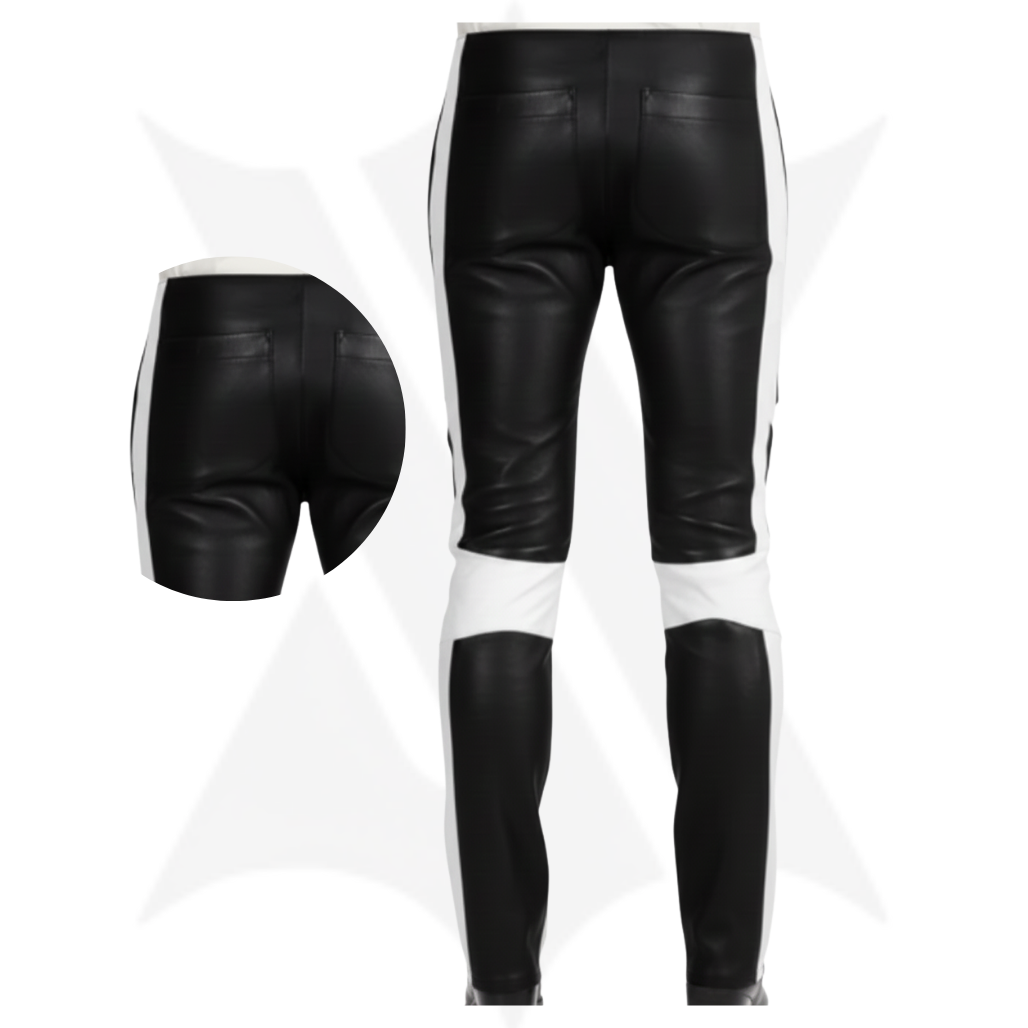 Black leather pants with white accents on a white background