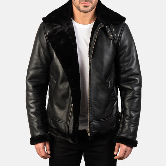 Baron B-3 Black Leather Bomber Jacket with Faux Fur Lining