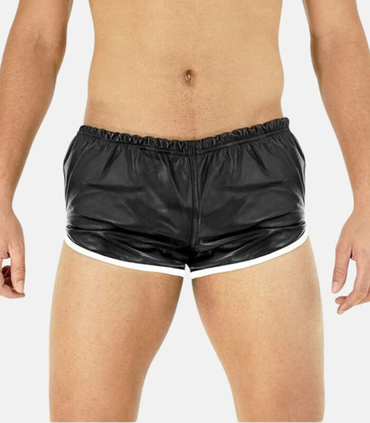 Black Leather Shorts with Striking White Stripes
