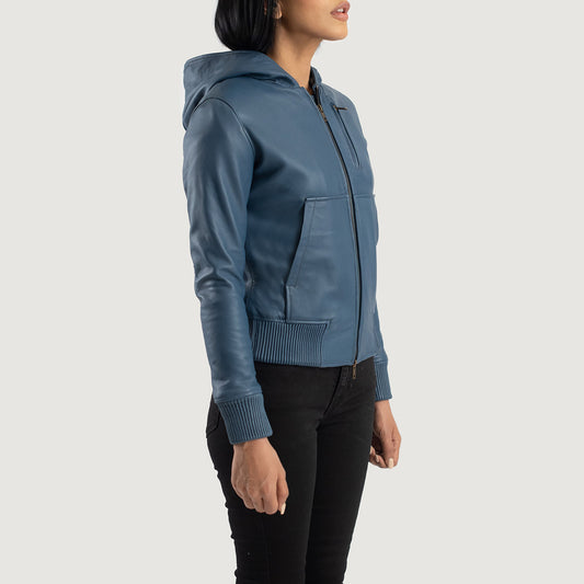 Blue Hooded Leather Bomber Jacket with Fleece Lining