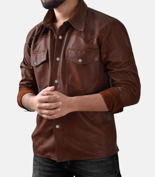 Brown Leather Shirt with Front Pockets & Button Closure