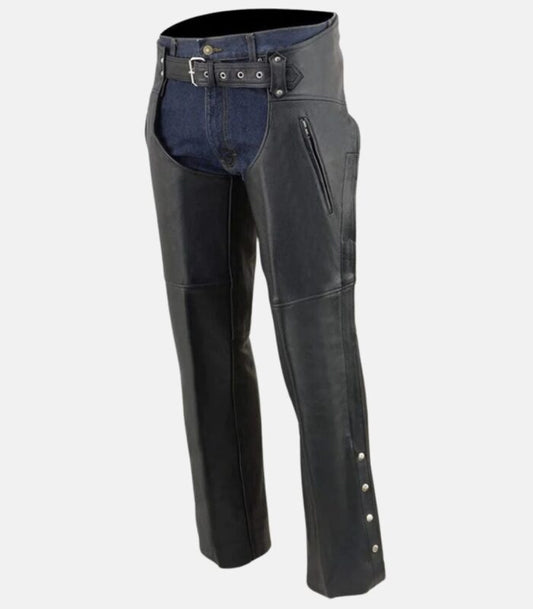 Classic Black Leather Chaps with Jean-Style Pockets and Snap Closures