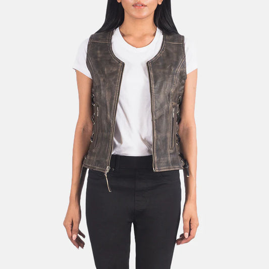 Distressed Brown Goatskin Leather Biker Vest with Laced Sides