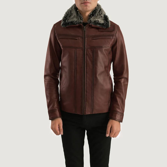 Leon Fur Brown Sheepskin Leather Jacket with Detachable Collar