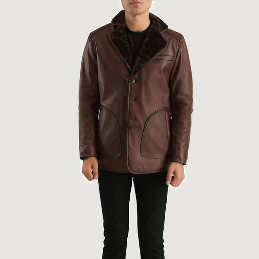 Magnus Brown Sheepskin Fur Leather Coat with Faux Fur Lining