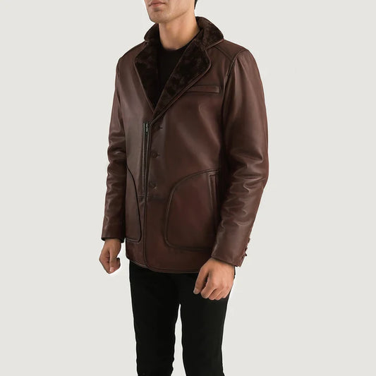 Magnus Brown Sheepskin Fur Leather Coat with Faux Fur Lining