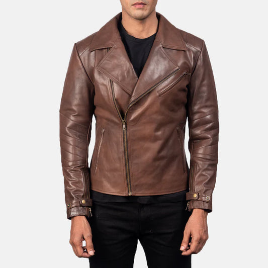 Rogue Brown Cowhide Leather Biker Jacket with Pull-Up Finish