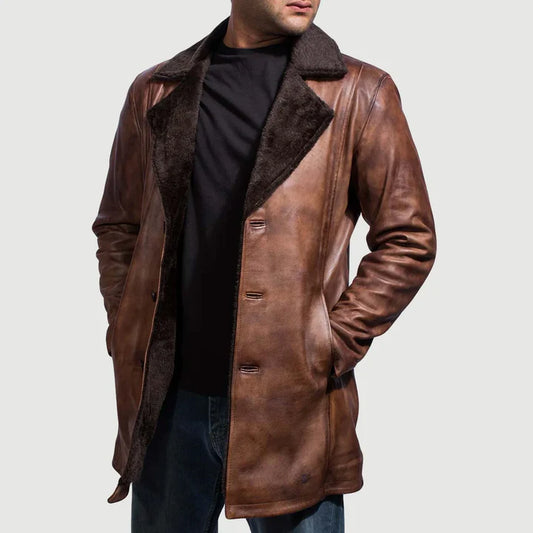 Ruston Distressed Leather Coat with Notch collar & Faux Fur Lining