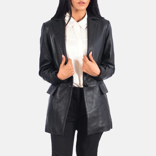 Semi-Aniline Finish Black Sheepskin Leather Blazer with Leather Buttons