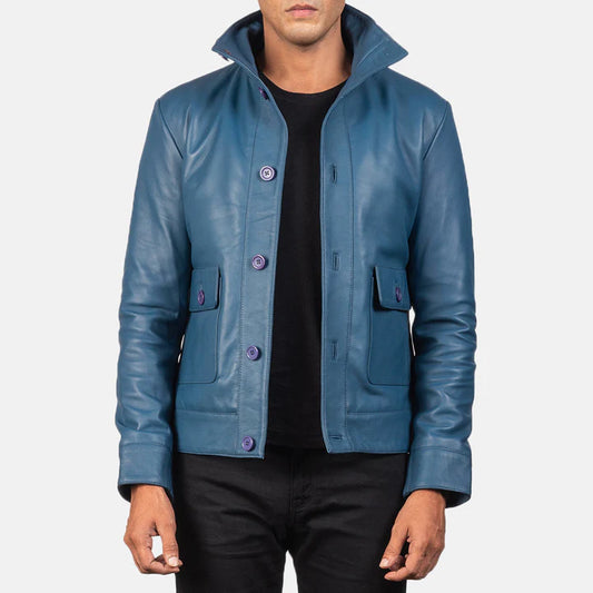 Sheepskin Leather Jacket with High-Neck Buttoned Collar