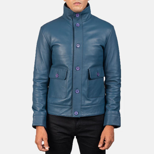 Sheepskin Leather Jacket with High-Neck Buttoned Collar