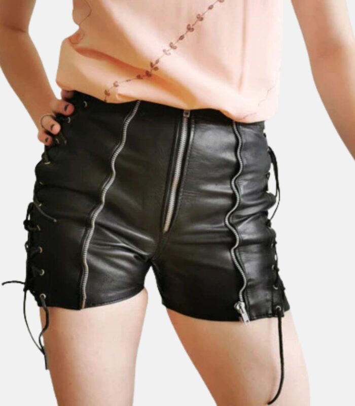 Sleek Black Leather Shorts with Zip & Lace Accents