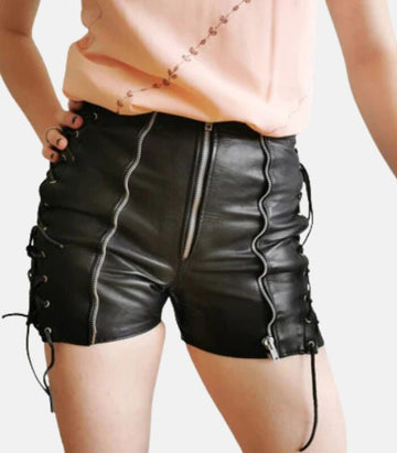 Sleek Black Leather Shorts with Zip & Lace Accents