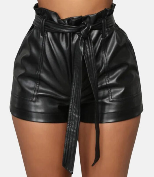 Slim Fit Genuine Leather Shorts with Hook and Loop Detailing