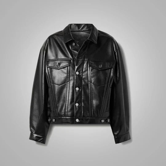 Smooth Black Leather Blend Shirt with Button Detailing