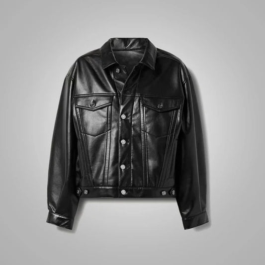 Smooth Black Leather Blend Shirt with Button Detailing