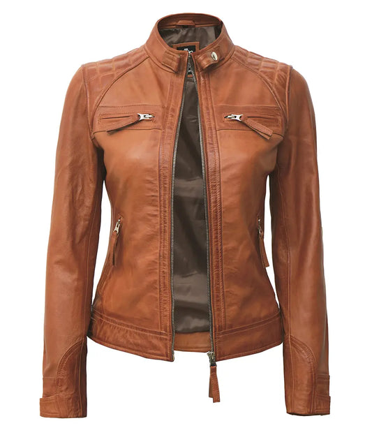 Tan Biker Leather Jacket with Quilted Details & Snap Strap Collar