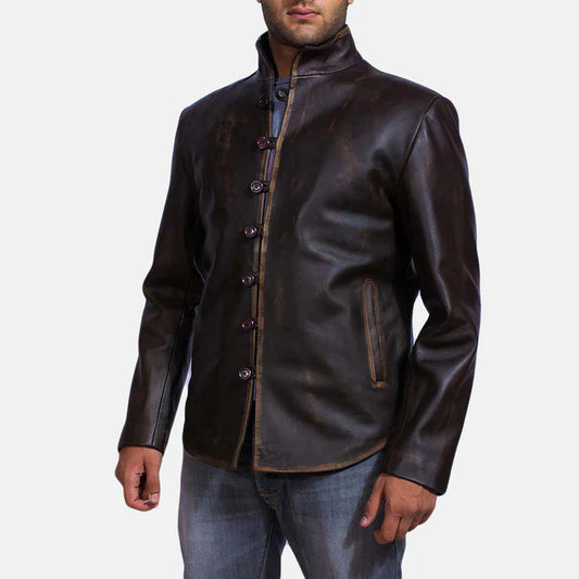 Timberwolf Distressed Brown Leather Jacket with Button Closure