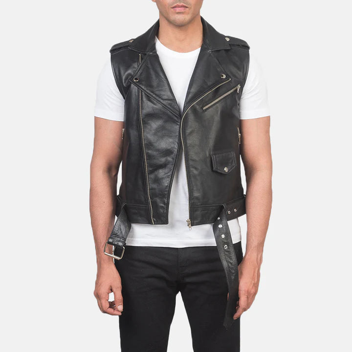 Titan Black Leather Biker Vest with Waist Belt & Zipper Closure
