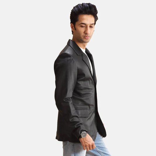 Winston Black Leather Blazer in Sheepskin with Quilted Lining